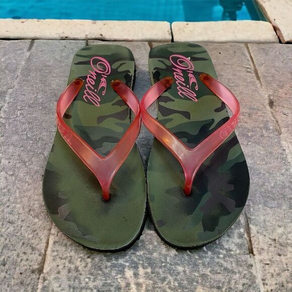 O'Neill Womens Camo Rubber Flat Heel Slip-On Flip Flops Slipper Green Size 7 - Picture 1 of 6